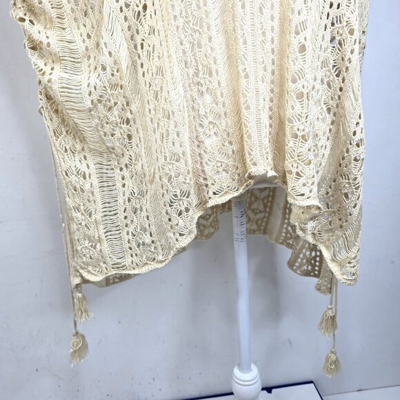 Women's Boho Canary Yellow Crochet Open Knit V Nech Poncho Swim Beach Cover - Picture 5 of 11